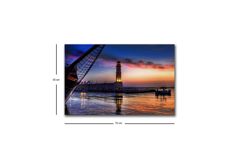 Canvas-taulu LED-valaistuksella - Kaunis auringonlasku sataman yllä majakan ja veneiden kanssa - Tummansininen / Oranssi / Violetti - Sisustustuotteet - Taulu & taide - Canvas-taulu