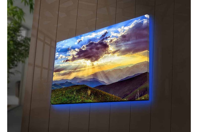 Canvas-taulu LED-valaistuksella - Kaunis auringonlasku vuorten ja laaksojen yllä - Sininen / Oranssi / Vihreä - Sisustustuotteet - Taulu & taide - Canvas-taulu