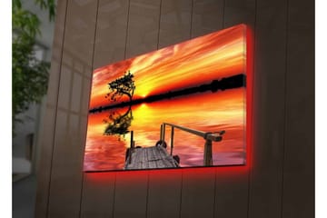 Canvas-taulu LED-valaistuksella - Kaunis auringonlasku peilimäisen järven yllä yksinäisen puunpenkan reunalla - Oranssi / Keltainen / Musta - Sisustustuotteet - Taulu & taide - Canvas-taulu