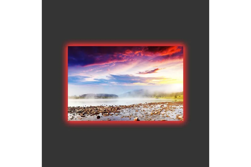 Canvas-taulu LED-valaistuksella - Kaunis maisemanäkymä auringonnousulla sumuisen järven yllä - Violetti / Oranssi / Sininen - Sisustustuotteet - Taulu & taide - Canvas-taulu