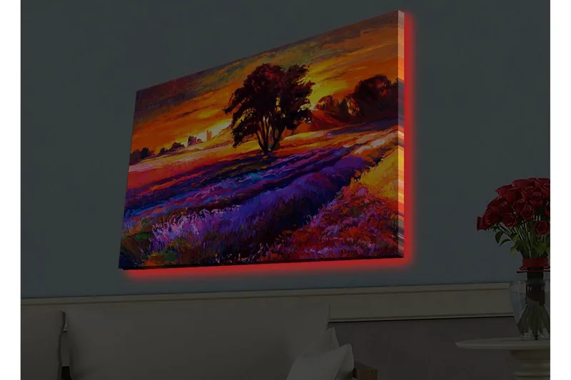 Canvas-taulu LED-valaistuksella - Kaunis maisemanäkymä suurella puulla auringonlaskun väreissä - Oranssi / Violetti / Vihreä - Sisustustuotteet - Taulu & taide - Canvas-taulu