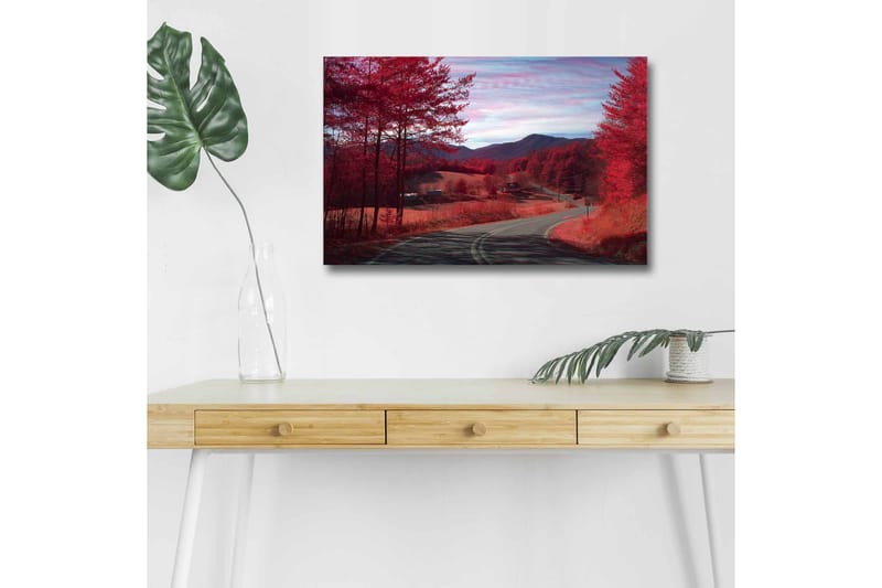 Canvas-taulu LED-valaistuksella - Kaunis maisemanäkymä punaisilla puilla ja mutkittelevalla tiellä, Punainen / Harmaa / Sininen