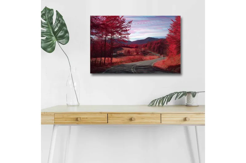 Canvas-taulu LED-valaistuksella - Kaunis maisemanäkymä punaisilla puilla ja mutkittelevalla tiellä, Punainen / Harmaa / Sininen