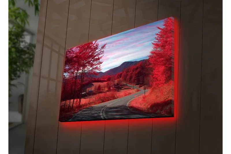 Canvas-taulu LED-valaistuksella - Kaunis maisemanäkymä punaisilla puilla ja mutkittelevalla tiellä - Punainen / Harmaa / Sininen - Sisustustuotteet - Taulu & taide - Canvas-taulu