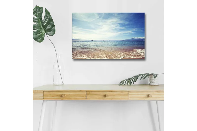 Canvas-taulu LED-valaistuksella - Kaunis merinäköala kirkkaan sinisellä taivaalla ja pehmeillä aalloilla, Sininen / Beige / Valkoinen