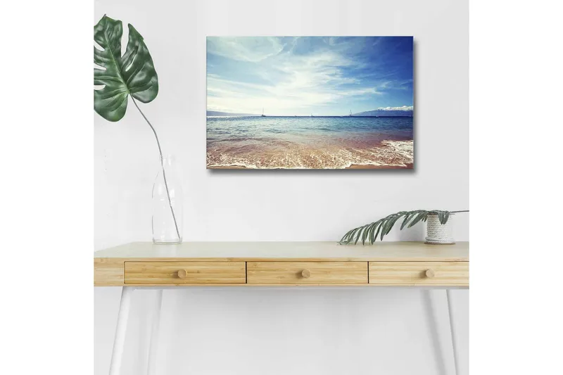 Canvas-taulu LED-valaistuksella - Kaunis merinäköala kirkkaan sinisellä taivaalla ja pehmeillä aalloilla, Sininen / Beige / Valkoinen