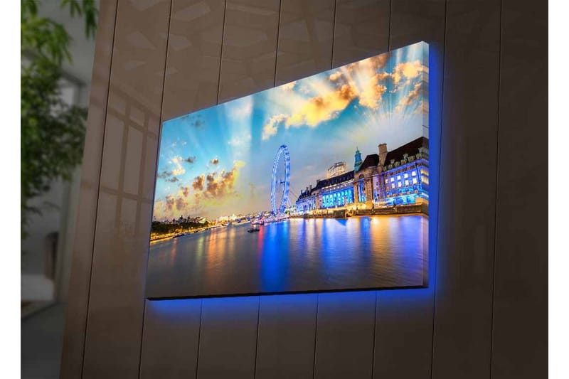 Canvas-taulu LED-valaistuksella - Kaunis näkymä kaupunkiin rantakadulla, suuri maailmanpyörä ja värikkäät rakennukset - Sininen / Keltainen / Valkoinen - Sisustustuotteet - Taulu & taide - Canvas-taulu