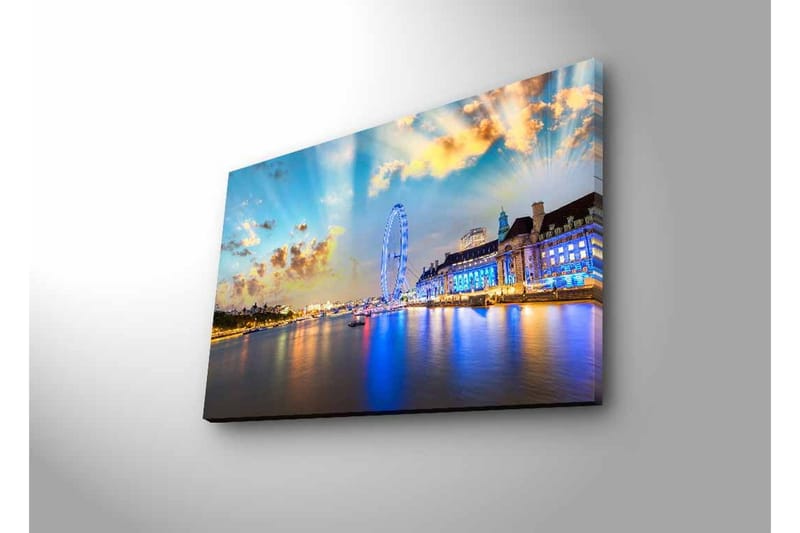 Canvas-taulu LED-valaistuksella - Kaunis näkymä kaupunkiin rantakadulla, suuri maailmanpyörä ja värikkäät rakennukset - Sininen / Keltainen / Valkoinen - Sisustustuotteet - Taulu & taide - Canvas-taulu