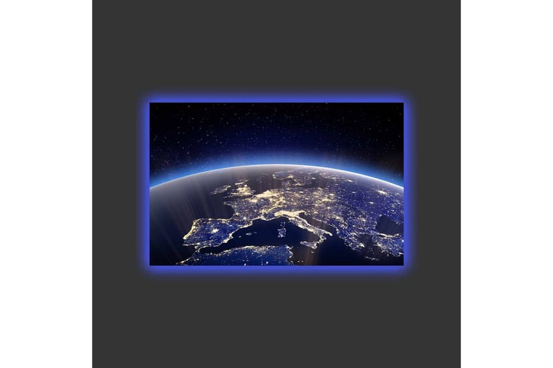 Canvas-taulu LED-valaistuksella - Kaunis näkymä maapalloon ja Eurooppaan tähtien ja kaupungin valojen valaisemana - Tummansininen / Vaaleansininen / Valkoinen - Sisustustuotteet - Taulu & taide - Canvas-taulu