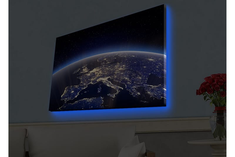 Canvas-taulu LED-valaistuksella - Kaunis näkymä maapalloon ja Eurooppaan tähtien ja kaupungin valojen valaisemana - Tummansininen / Vaaleansininen / Valkoinen - Sisustustuotteet - Taulu & taide - Canvas-taulu