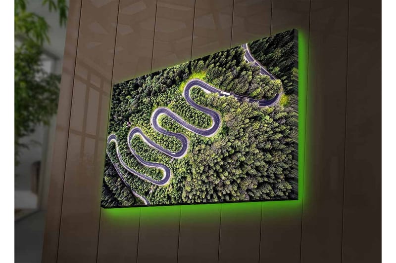 Canvas-taulu LED-valaistuksella - Kaunis näkymä mutkittelevalle tielle tiheän rehevän metsän läpi - Vihreä / Harmaa / Musta - Sisustustuotteet - Taulu & taide - Canvas-taulu