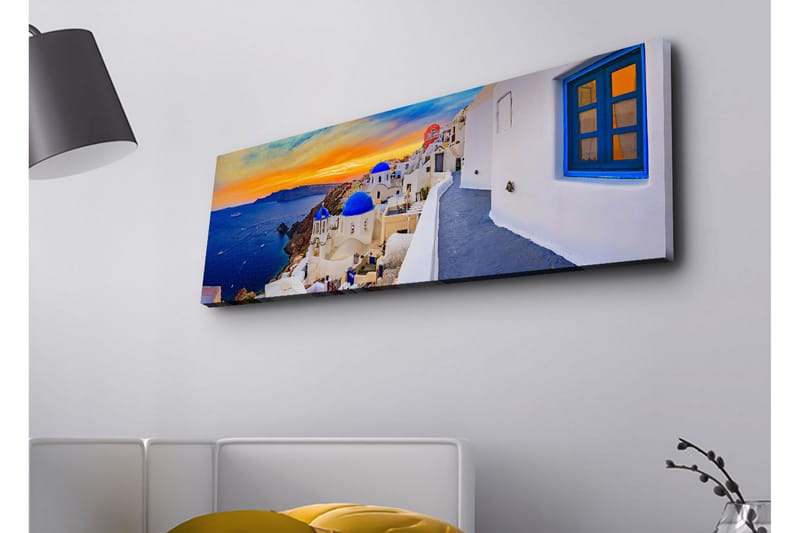 Canvas-taulu LED-valaistuksella - Kaunis näkymä valkoisista taloista sinisine kupoleineen kohti merta ja värikästä auringonlaskua - Sininen / Valkoinen / Oranssi - Sisustustuotteet - Taulu & taide - Canvas-taulu