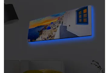 Canvas-taulu LED-valaistuksella - Kaunis näkymä valkoisista taloista sinisine kupoleineen kohti merta ja värikästä auringonlaskua - Sininen / Valkoinen / Oranssi - Sisustustuotteet - Taulu & taide - Canvas-taulu