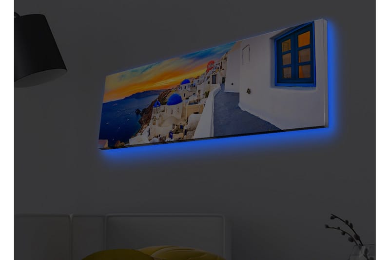 Canvas-taulu LED-valaistuksella - Kaunis näkymä valkoisista taloista sinisine kupoleineen kohti merta ja värikästä auringonlaskua - Sininen / Valkoinen / Oranssi - Sisustustuotteet - Taulu & taide - Canvas-taulu