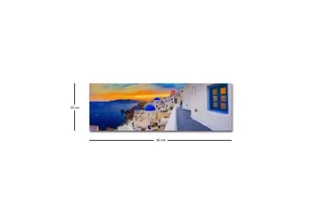 Canvas-taulu LED-valaistuksella - Kaunis näkymä valkoisista taloista sinisine kupoleineen kohti merta ja värikästä auringonlaskua - Sininen / Valkoinen / Oranssi - Sisustustuotteet - Taulu & taide - Canvas-taulu