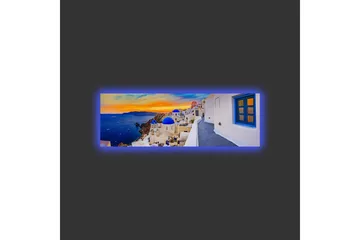 Canvas-taulu LED-valaistuksella - Kaunis näkymä valkoisista taloista sinisine kupoleineen kohti merta ja värikästä auringonlaskua - Sininen / Valkoinen / Oranssi - Sisustustuotteet - Taulu & taide - Canvas-taulu