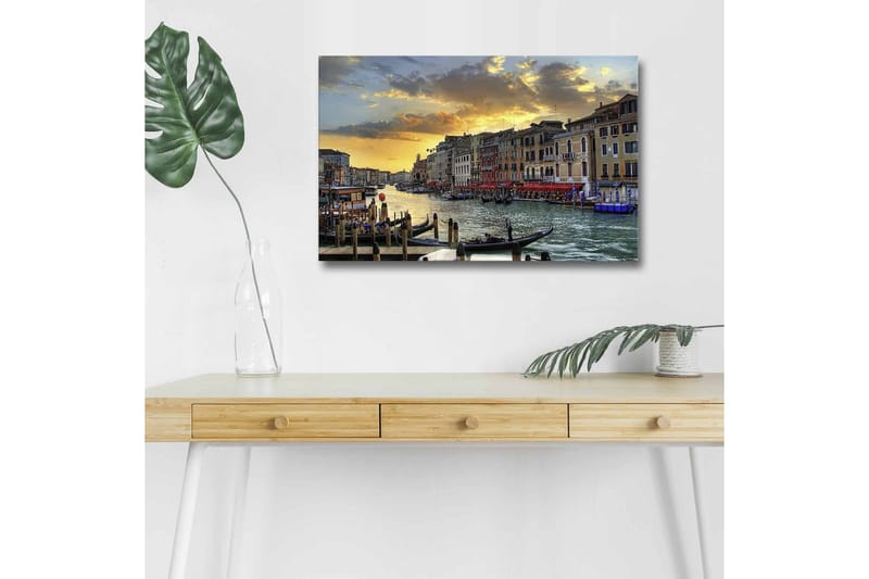 Canvas-taulu LED-valaistuksella - Kaunis näkymä venetsialaiselle kanavalle auringonlaskun aikaan, Sininen / Oranssi / Beige