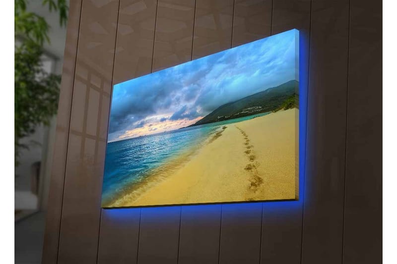 Canvas-taulu LED-valaistuksella - Kaunis ranta, jalanjäljet hiekassa ja dramaattinen taivas - Sininen / Hiekankeltainen / Harmaa - Sisustustuotteet - Taulu & taide - Canvas-taulu