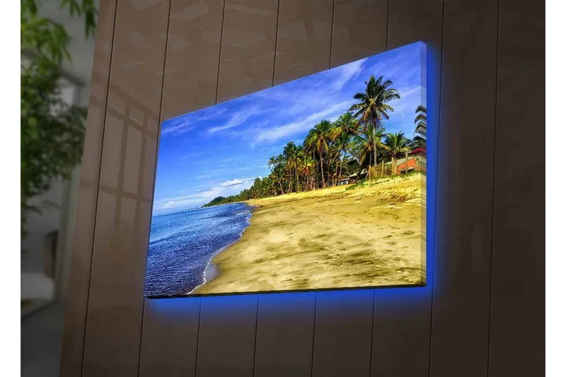 Canvas-taulu LED-valaistuksella - Kaunis ranta palmujen ja kirkkaan sinisen taivaan kanssa - Sininen / Vihreä / Beige - Sisustustuotteet - Taulu & taide - Canvas-taulu