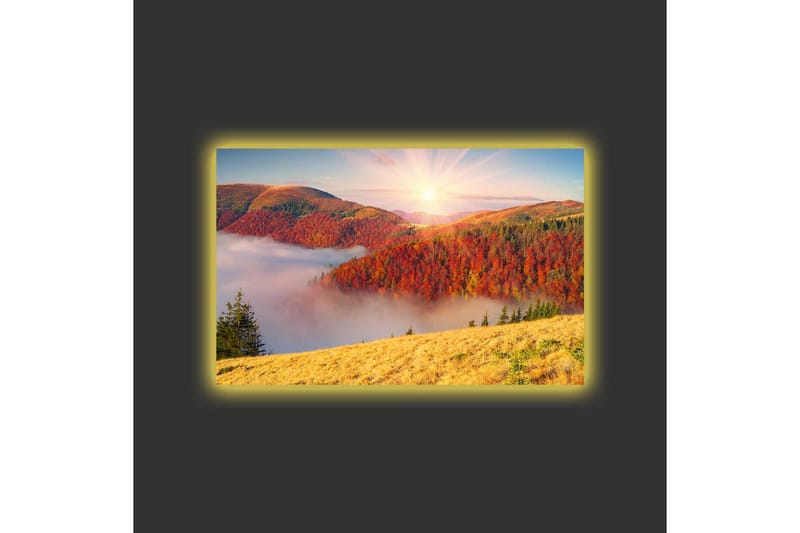 Canvas-taulu LED-valaistuksella - Kaunis syysmaisema värikkäillä puilla ja auringonnousulla - Punainen / Oranssi / Keltainen - Sisustustuotteet - Taulu & taide - Canvas-taulu
