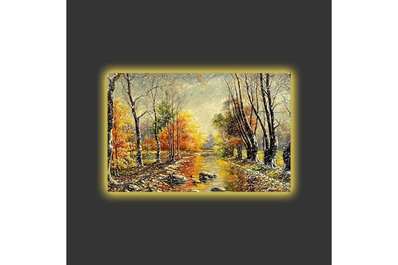 Canvas-taulu LED-valaistuksella - Kaunis syysmaisema peilimäisellä joella, jota ympäröivät värikkäät puut - Oranssi / Vihreä / Ruskea - Sisustustuotteet - Taulu & taide - Canvas-taulu