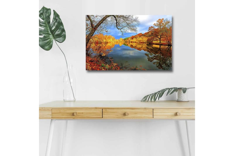 Canvas-taulu LED-valaistuksella - Kaunis syysmaisema peilimäisillä järvillä ja värikkäillä puilla, Oranssi / Keltainen / Vihreä