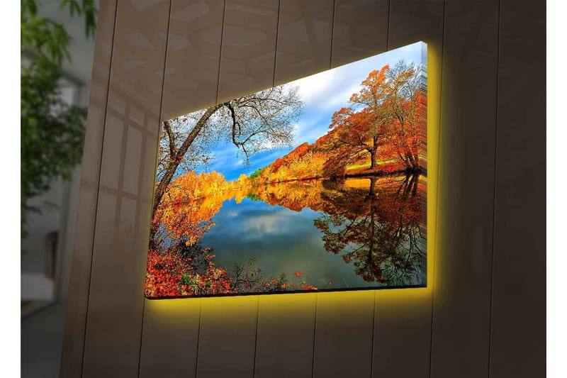Canvas-taulu LED-valaistuksella - Kaunis syysmaisema peilimäisillä järvillä ja värikkäillä puilla - Oranssi / Keltainen / Vihreä - Sisustustuotteet - Taulu & taide - Canvas-taulu