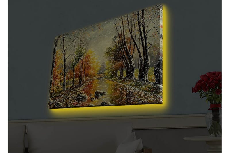 Canvas-taulu LED-valaistuksella - Kaunis syysmaisema peilimäisellä joella, jota ympäröivät värikkäät puut - Oranssi / Vihreä / Ruskea - Sisustustuotteet - Taulu & taide - Canvas-taulu