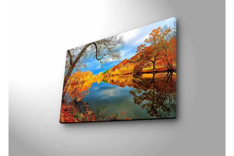 Canvas-taulu LED-valaistuksella - Kaunis syysmaisema peilimäisillä järvillä ja värikkäillä puilla - Oranssi / Keltainen / Vihreä - Sisustustuotteet - Taulu & taide - Canvas-taulu