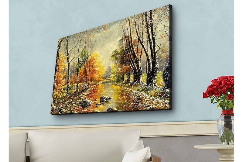 Canvas-taulu LED-valaistuksella - Kaunis syysmaisema peilimäisellä joella, jota ympäröivät värikkäät puut, Oranssi / Vihreä / Ruskea