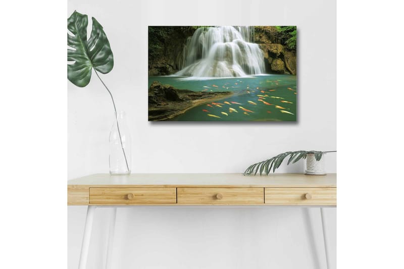 Canvas-taulu LED-valaistuksella - Kaunis vesiputous ja uivia karppeja kirkkaassa vedessä - Turkoosi / Vihreä / Oranssi - Sisustustuotteet - Taulu & taide - Canvas-taulu