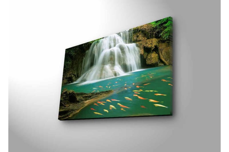 Canvas-taulu LED-valaistuksella - Kaunis vesiputous ja uivia karppeja kirkkaassa vedessä - Turkoosi / Vihreä / Oranssi - Sisustustuotteet - Taulu & taide - Canvas-taulu
