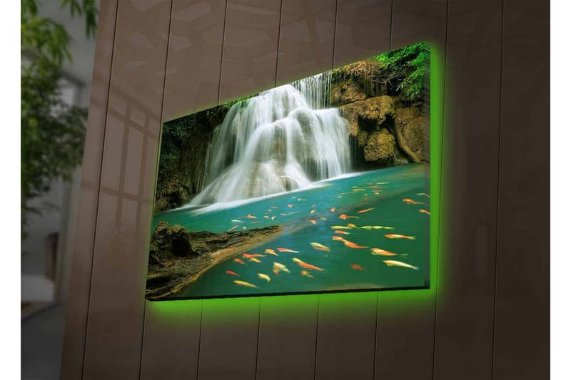 Canvas-taulu LED-valaistuksella - Kaunis vesiputous ja uivia karppeja kirkkaassa vedessä - Turkoosi / Vihreä / Oranssi - Sisustustuotteet - Taulu & taide - Canvas-taulu