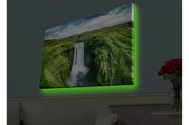 Canvas-taulu LED-valaistuksella - Kaunis vesiputous rehevässä laaksossa - Vihreä / Valkoinen / Sininen - Sisustustuotteet - Taulu & taide - Canvas-taulu