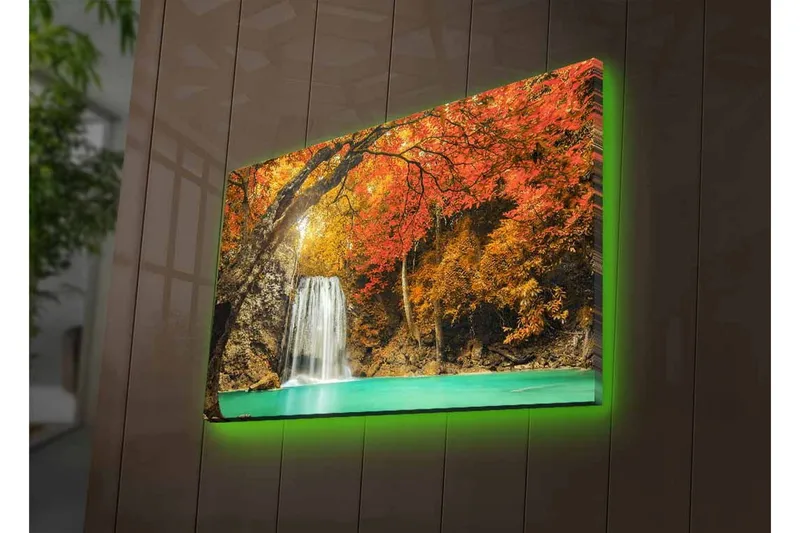 Canvas-taulu LED-valaistuksella - Kaunis vesiputous syksyn väristen puiden ympäröimänä - Oranssi / Vihreä / Ruskea - Sisustustuotteet - Taulu & taide - Canvas-taulu