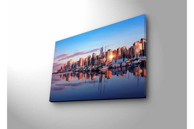 Canvas-taulu LED-valaistuksella - Kaupungin siluetti auringonlaskussa ja heijastukset vedessä - Sininen / Oranssi / Violetti - Sisustustuotteet - Taulu & taide - Canvas-taulu