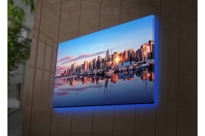 Canvas-taulu LED-valaistuksella - Kaupungin siluetti auringonlaskussa ja heijastukset vedessä - Sininen / Oranssi / Violetti - Sisustustuotteet - Taulu & taide - Canvas-taulu