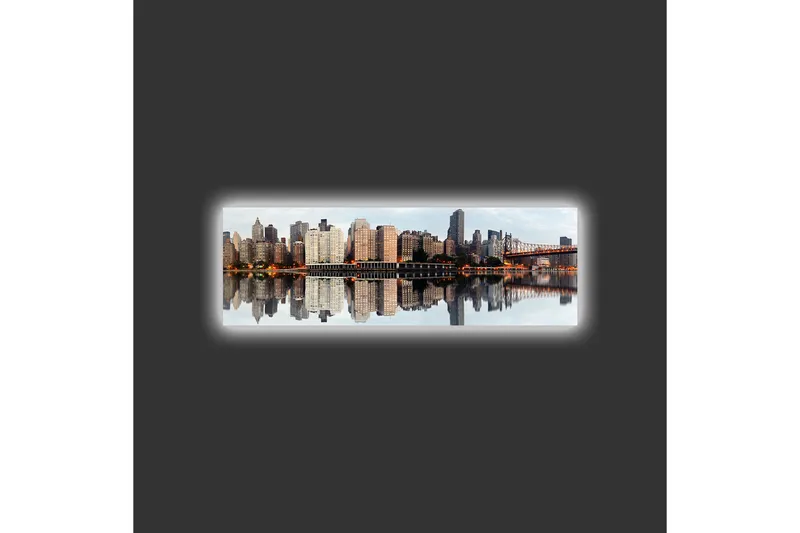 Canvas-taulu LED-valaistuksella - Kaupungin siluetti heijastuksineen vedessä - Harmaa / Beige / Oranssi - Sisustustuotteet - Taulu & taide - Canvas-taulu