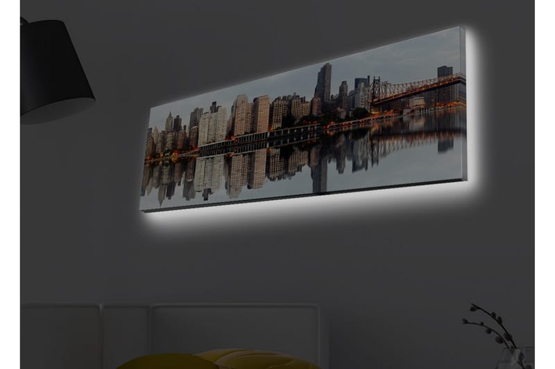Canvas-taulu LED-valaistuksella - Kaupungin siluetti heijastuksineen vedessä - Harmaa / Beige / Oranssi - Sisustustuotteet - Taulu & taide - Canvas-taulu