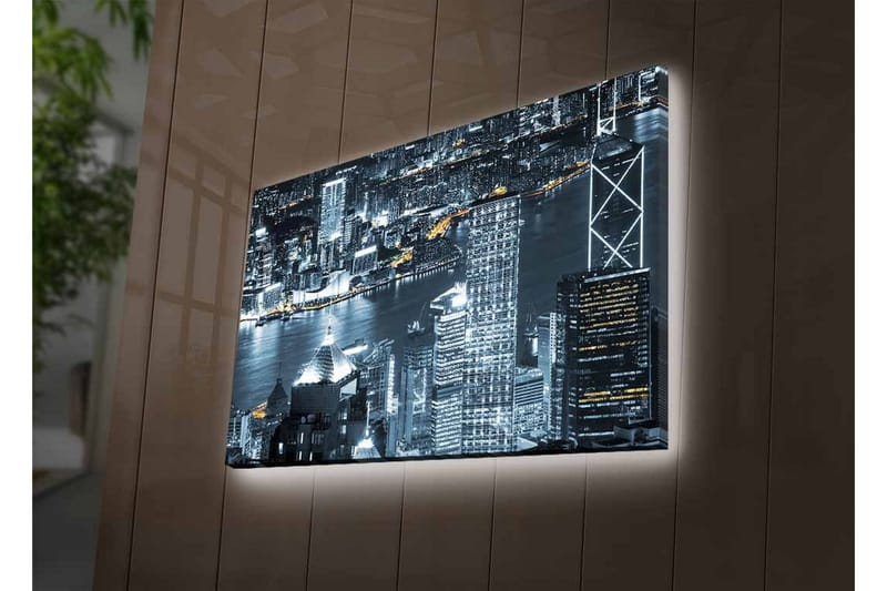 Canvas-taulu LED-valaistuksella - Kaupungin siluetti yöaikaisesta horisontista ja valon heijastukset vedessä - Musta / Harmaa / Valkoinen - Sisustustuotteet - Taulu & taide - Canvas-taulu