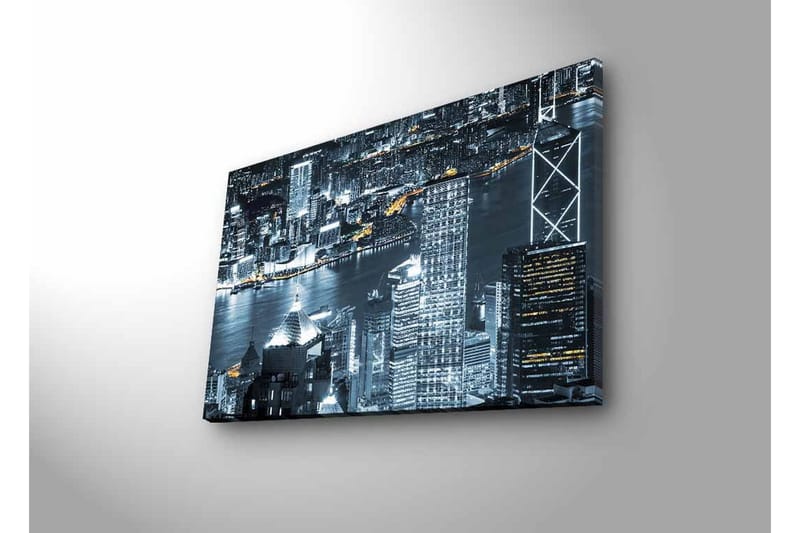 Canvas-taulu LED-valaistuksella - Kaupungin siluetti yöaikaisesta horisontista ja valon heijastukset vedessä - Musta / Harmaa / Valkoinen - Sisustustuotteet - Taulu & taide - Canvas-taulu