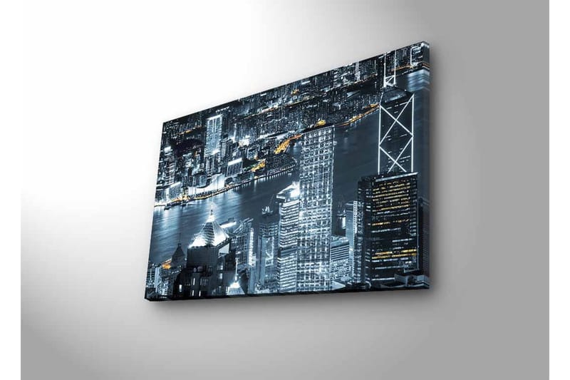 Canvas-taulu LED-valaistuksella - Kaupungin siluetti yöaikaisesta horisontista ja valon heijastukset vedessä - Musta / Harmaa / Valkoinen - Sisustustuotteet - Taulu & taide - Canvas-taulu