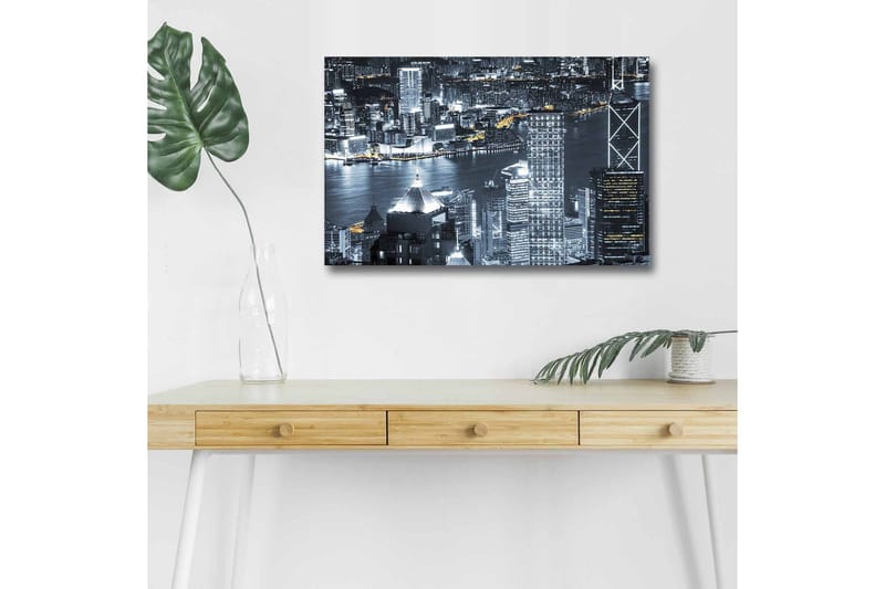 Canvas-taulu LED-valaistuksella - Kaupungin siluetti yöaikaisesta horisontista ja valon heijastukset vedessä - Musta / Harmaa / Valkoinen - Sisustustuotteet - Taulu & taide - Canvas-taulu