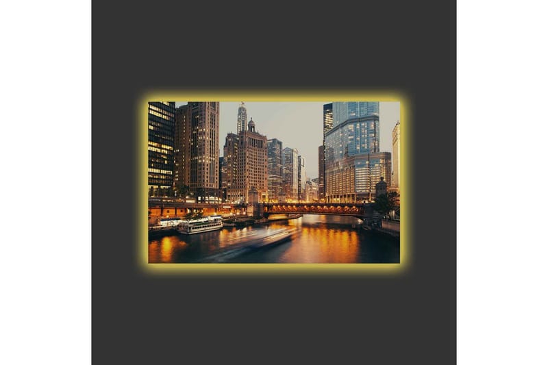 Canvas-taulu LED-valaistuksella - Kaupunkikuva pilvenpiirtäjistä joen rannalla hämärässä - Kulta / Sininen / Harmaa - Sisustustuotteet - Taulu & taide - Canvas-taulu