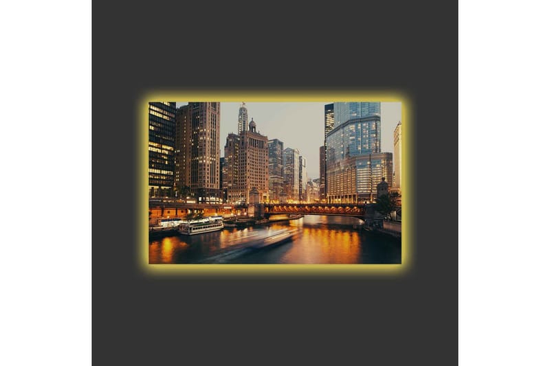 Canvas-taulu LED-valaistuksella - Kaupunkikuva pilvenpiirtäjistä joen rannalla hämärässä - Kulta / Sininen / Harmaa - Sisustustuotteet - Taulu & taide - Canvas-taulu