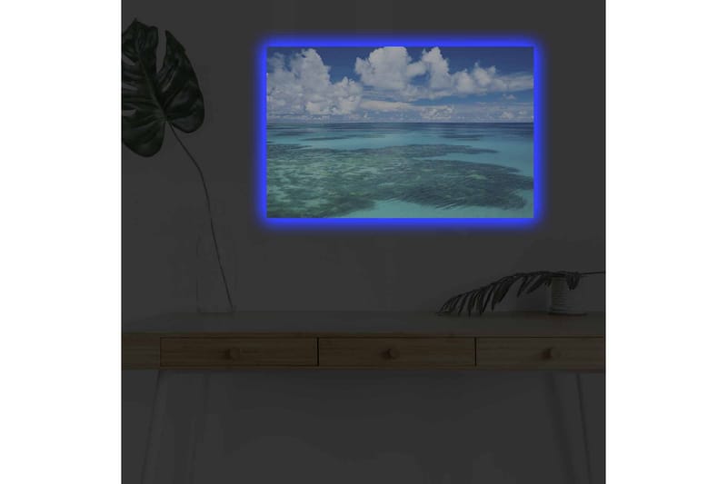 Canvas-taulu LED-valaistuksella - Kirkkaan sininen merinäkymä koralliriutalla ja valkoisilla pilvillä - Sininen / Turkoosi / Valkoinen - Sisustustuotteet - Taulu & taide - Canvas-taulu
