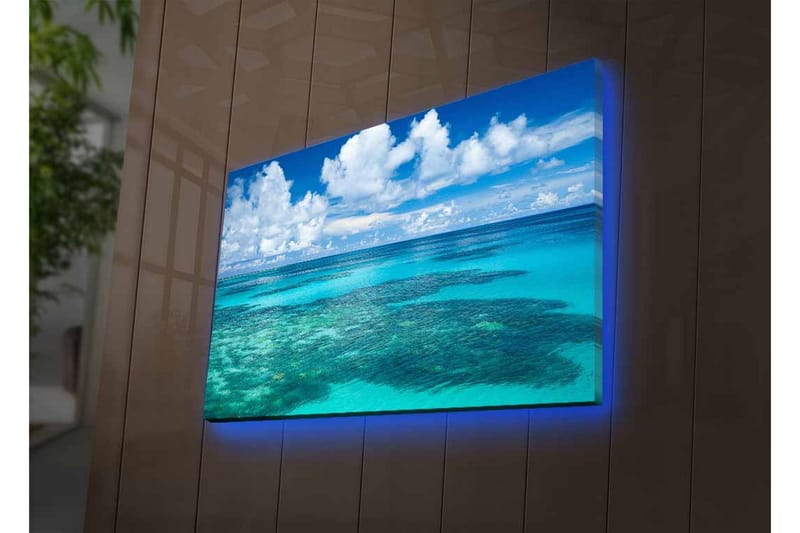 Canvas-taulu LED-valaistuksella - Kirkkaan sininen merinäkymä koralliriutalla ja valkoisilla pilvillä - Sininen / Turkoosi / Valkoinen - Sisustustuotteet - Taulu & taide - Canvas-taulu