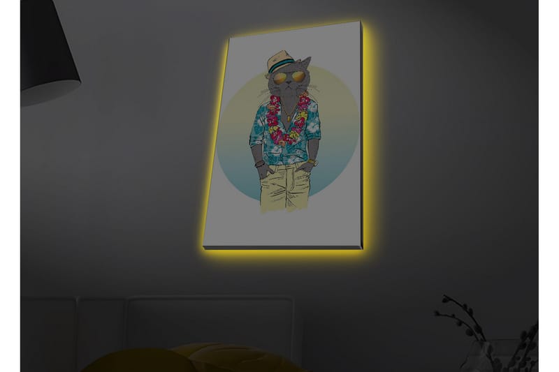 Canvas-taulu LED-valaistuksella - Kissa kesävaatteissa, kukkaseppele ja aurinkolasit - Sininen / Vihreä / Beige - Sisustustuotteet - Taulu & taide - Canvas-taulu