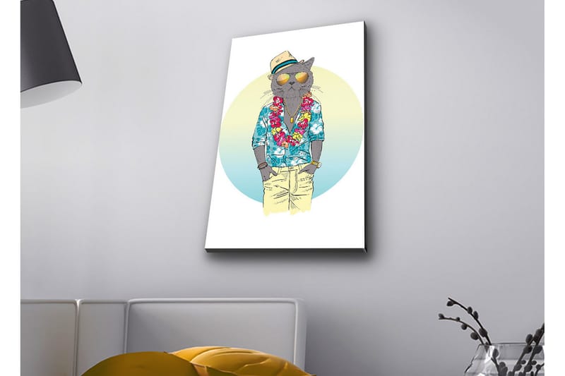 Canvas-taulu LED-valaistuksella - Kissa kesävaatteissa, kukkaseppele ja aurinkolasit - Sininen / Vihreä / Beige - Sisustustuotteet - Taulu & taide - Canvas-taulu
