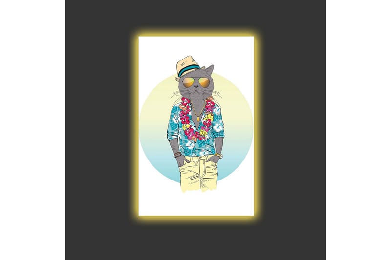 Canvas-taulu LED-valaistuksella - Kissa kesävaatteissa, kukkaseppele ja aurinkolasit - Sininen / Vihreä / Beige - Sisustustuotteet - Taulu & taide - Canvas-taulu